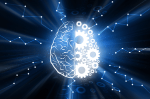 A white illustration of a brain with gears on one side against a blue background