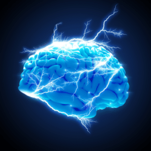 A blue computer generated brain with electricity 