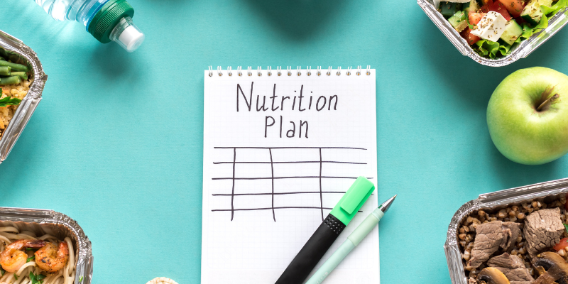 A notebook labeled “Nutrition Plan” surrounded by healthy meals