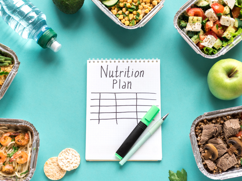 A notebook labeled “Nutrition Plan” surrounded by healthy meals